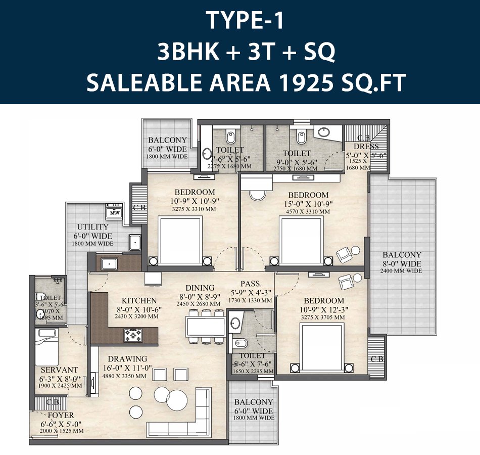 3 BHK + Study Floor Plan